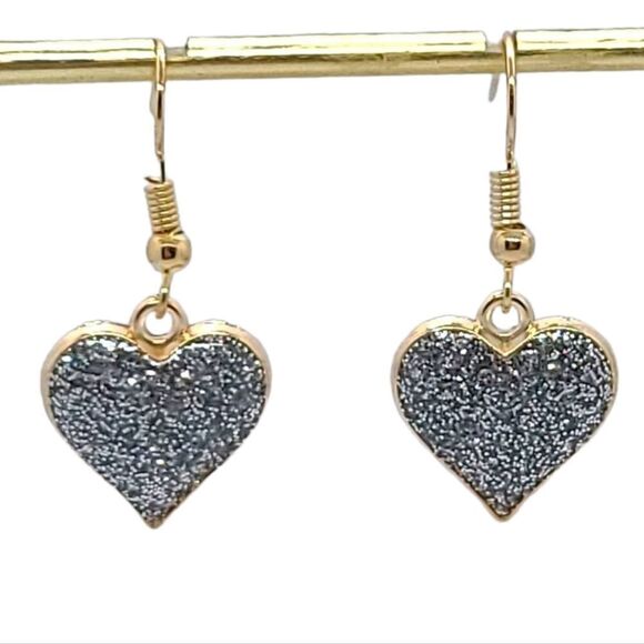 Silver Glitter Heart Shaped Earrings Dangle Gold Fish Hook Womens Jewelry NEW - Picture 4 of 4